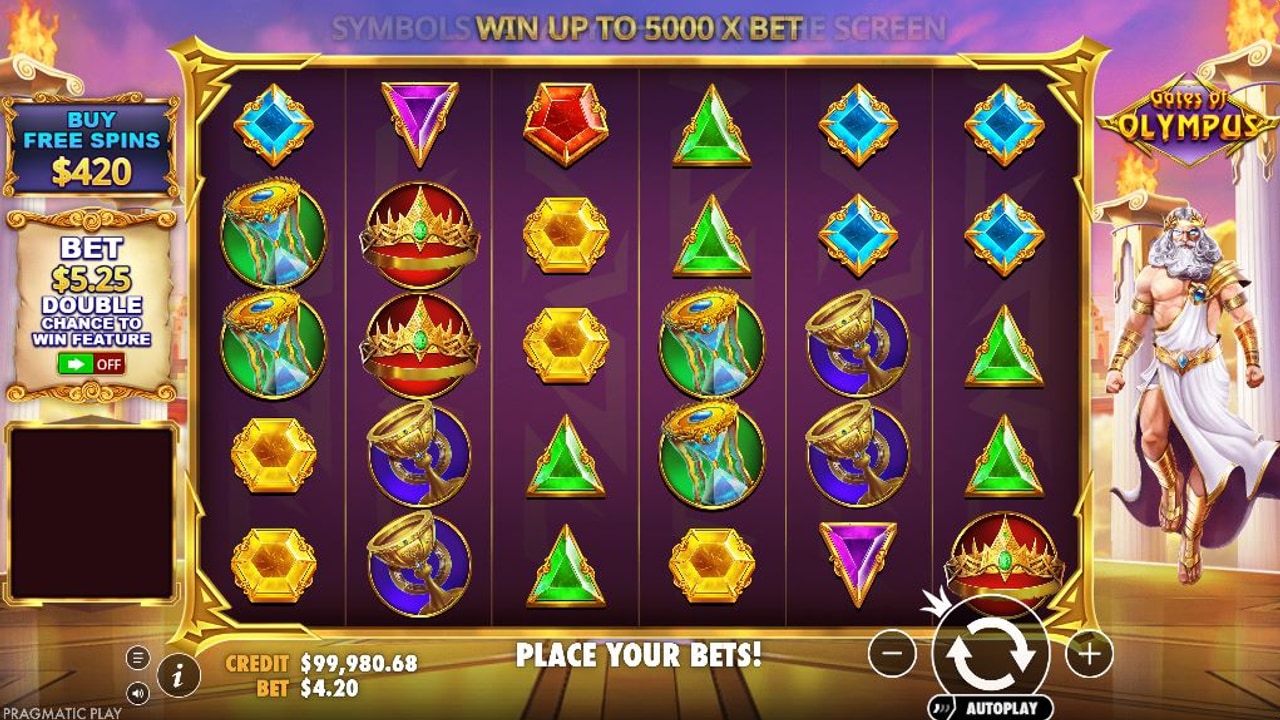 Gates of Pokerdom bosh ekrani: 6×5 maydon, Olympus uslubidagi gemlar va Zeus mavzusi