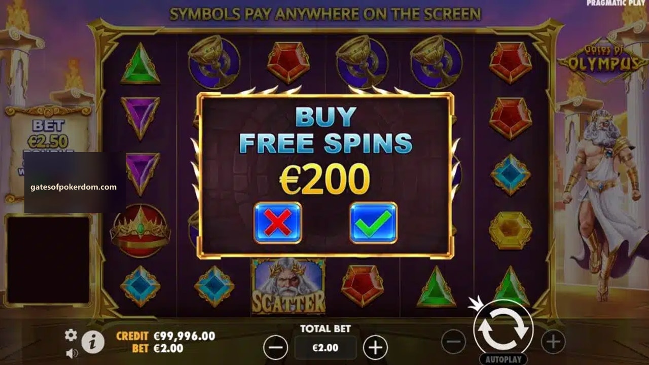 Gates of Pokerdom Free Spins ekrani: Scatter Zeus va qolgan bepul aylanishlar hisoblagichi