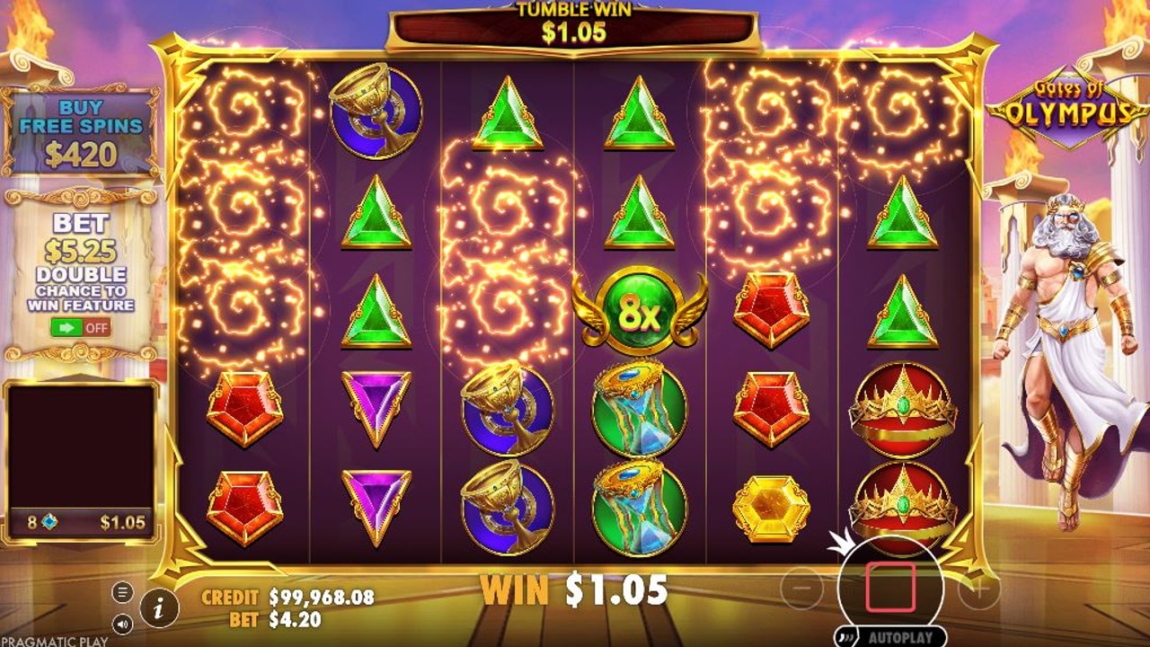 Gates of Pokerdom belgilari yaqin ko‘rinishda: rangli gemlar va Scatter Zeus